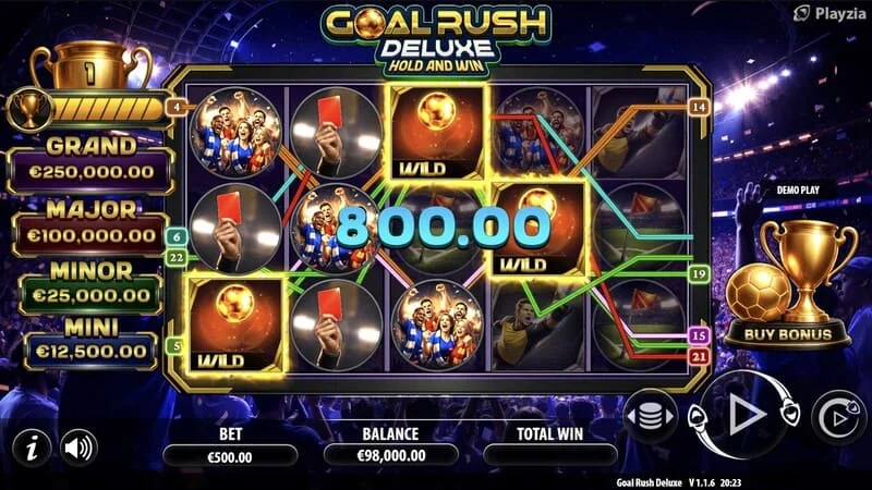 Goal Rush Deluxe - grundspel, vinnande linje visas